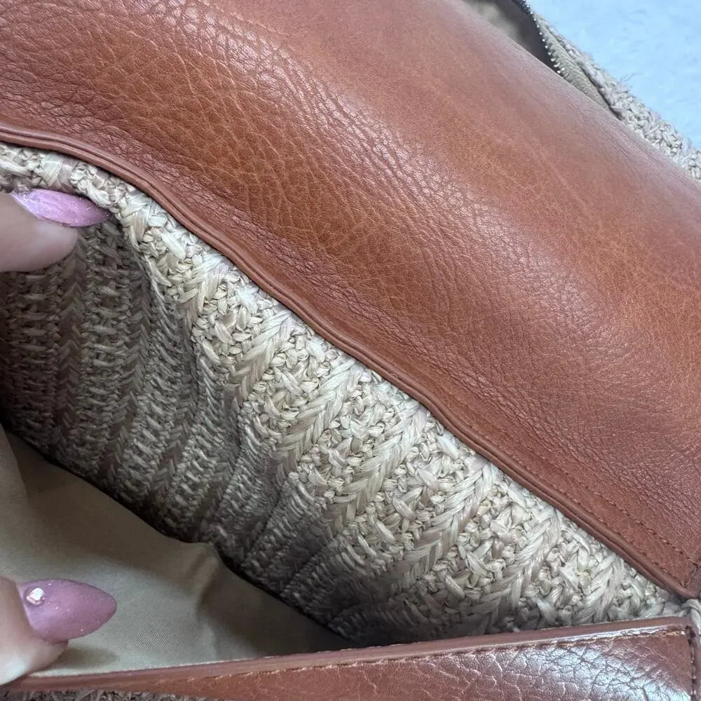 Anthropologie Urban Originals Oversized Woven Raffia Straw Handbag LeatherPocket